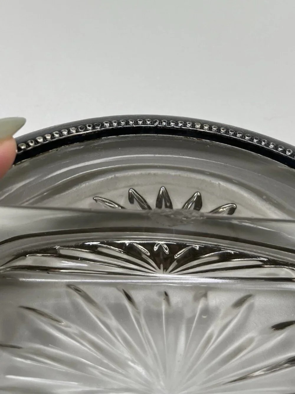 VTG Pressed Glass Ashtray Silver Plate Beaded Rim Starburst Mid Century Atomic